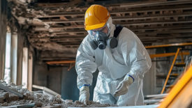 Asbestos removal specialist carefully dismantling hazardous materials from old building