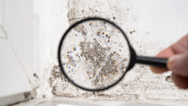 View through a magnifying glass of white wall with black mold